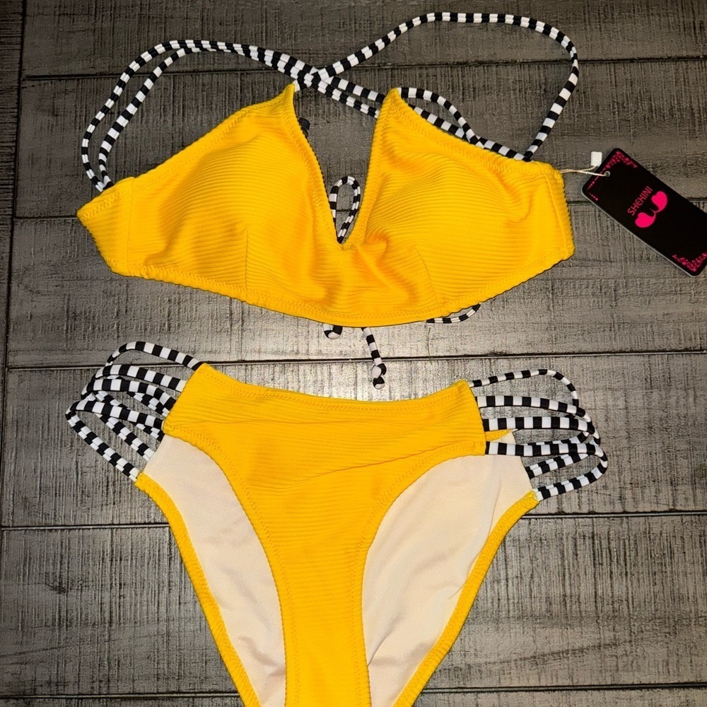 Vibrant Yellow Bikini with Checkered Straps